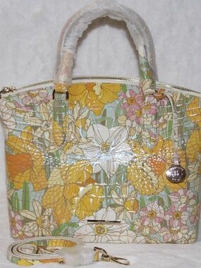 BRAHMIN Medium Duxbury Satchel Floral Daffodil Melbourne Leather Purse